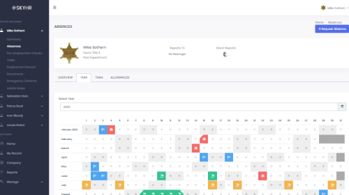 Screenshot of SkyHR's employee absence year screen