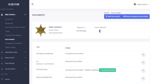Screen shot of SkyHR employee documents screen