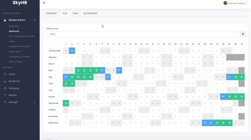 Screenshot of SkyHR's annual absence calendar with bank holidays highlighted