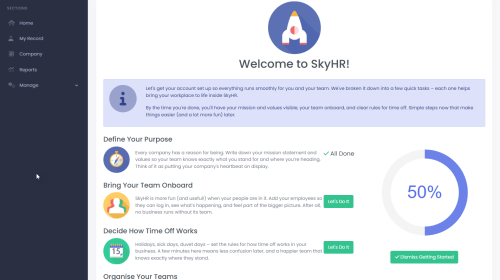 Screenshot of the SkyHR onboarding and getting started screen