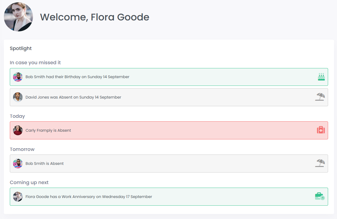 Screenshot of the spotlight section of SkyHR showing celebrations and absences at a glance