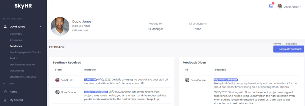 Screenshot of the feedback section in SkyHR