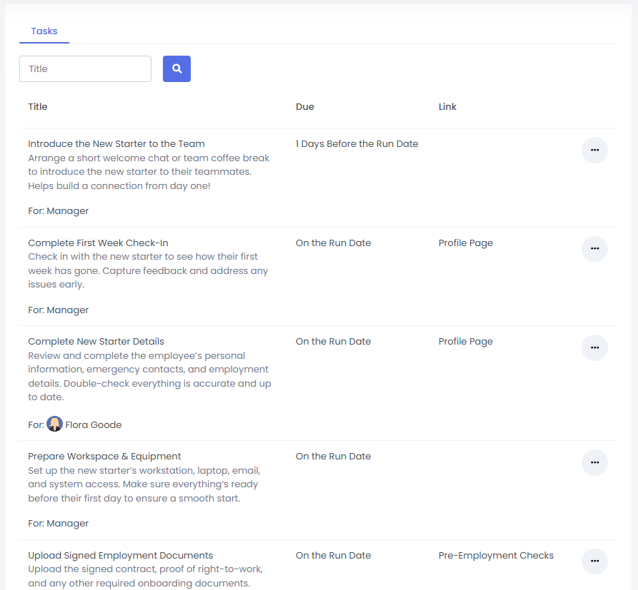 Screenshot of the HR Workflow Task List
