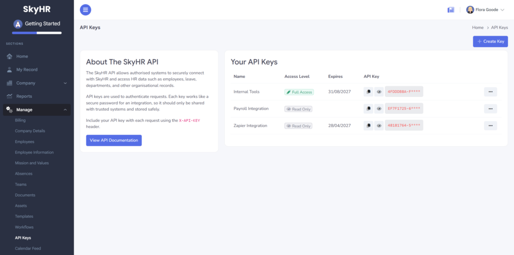 API Keys Management Screen